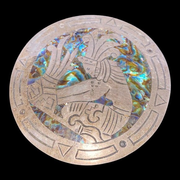 Brooch 2.5" Abalone Shell Mayan Design Sterling Silver 925 Mexico - Picture 3 of 11